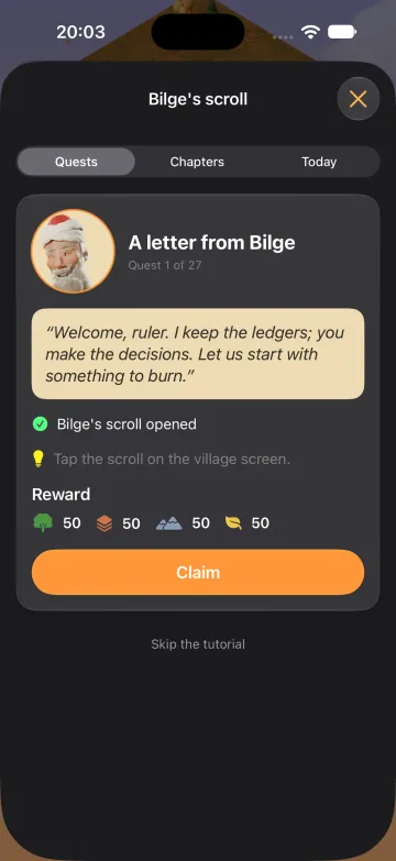 Bilge's scroll with the first quest, A letter from Bilge, and its reward