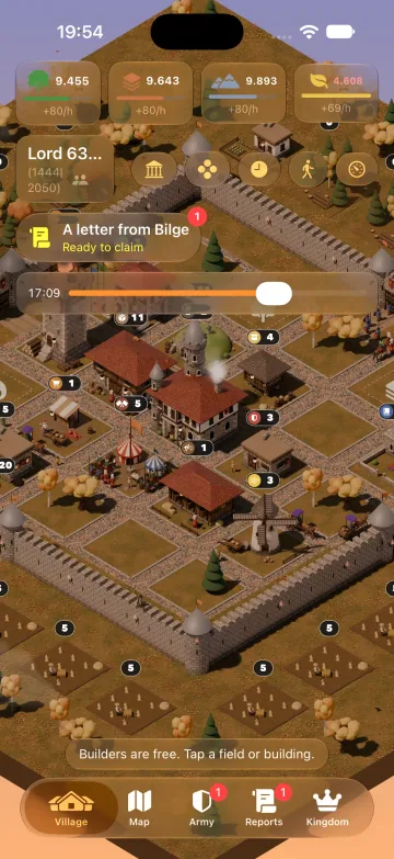 The village screen of Hisar: a walled village with red-roofed buildings, a market and a windmill, fields outside the wall, and the resources above it