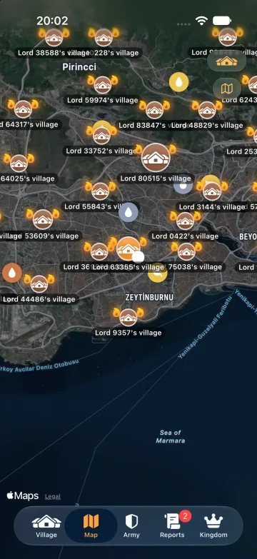 The world map over Istanbul at night, with players' villages lit up along the coast